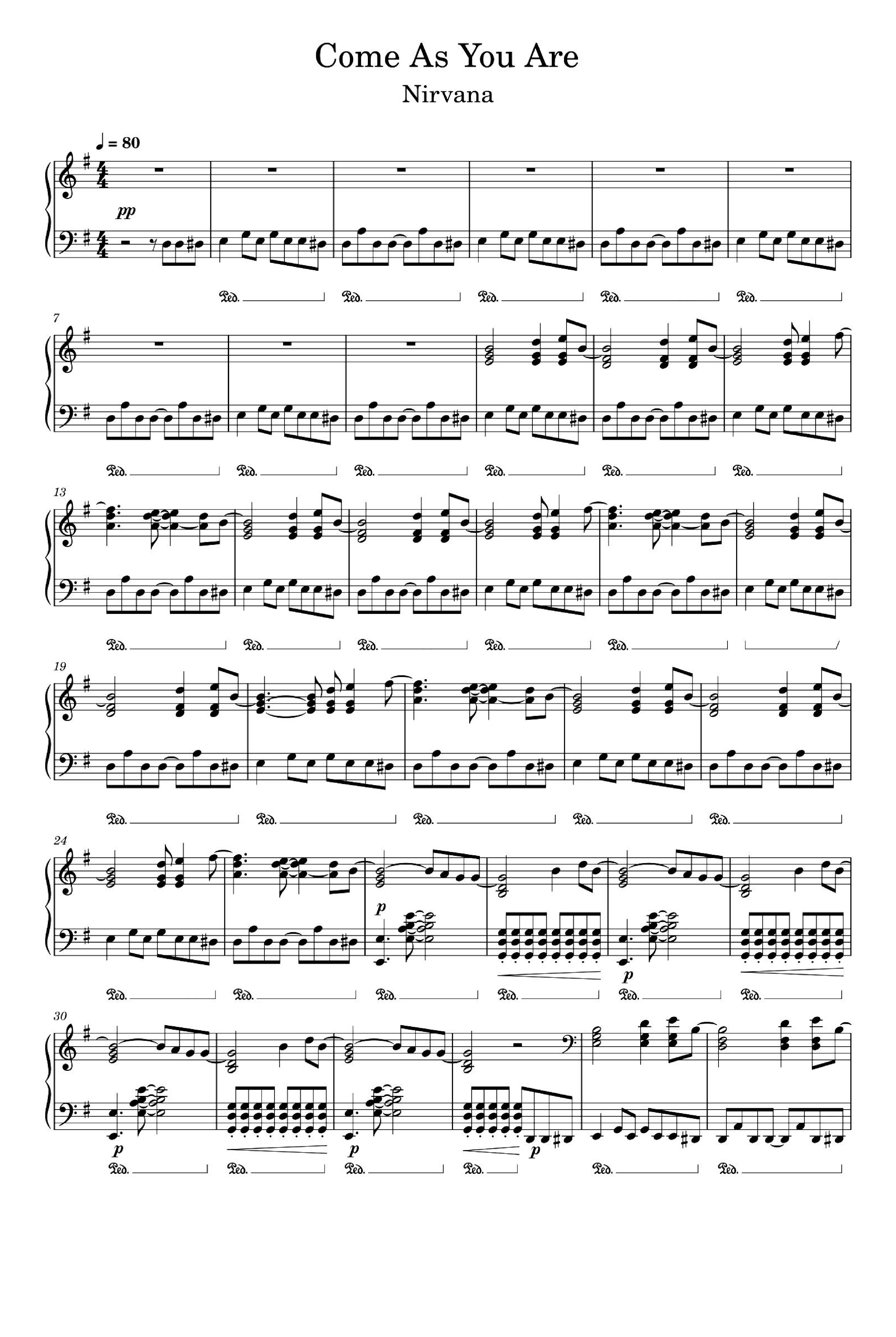 Come As You Are by Nirvana Sheet Music for Piano Solo (arr