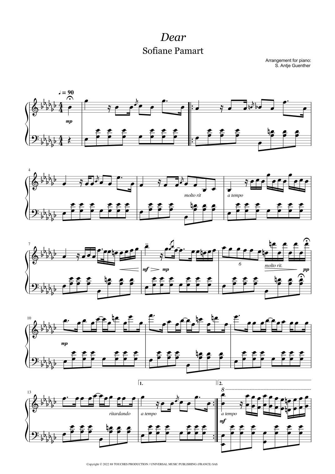 Dear (arr. Antje Günther) by Sofiane Pamart Sheet Music for Piano Solo at Sheet Music Direct