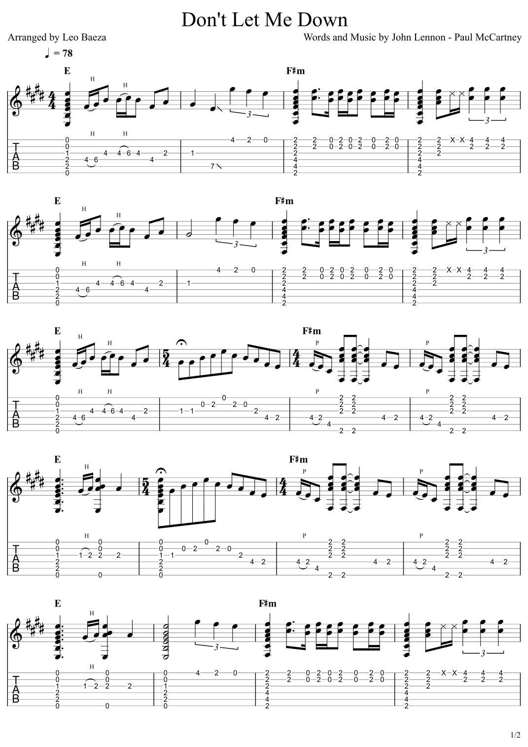 Don't Let Me Down by The Beatles Sheet Music for Guitar Tab (arr. Leo ...