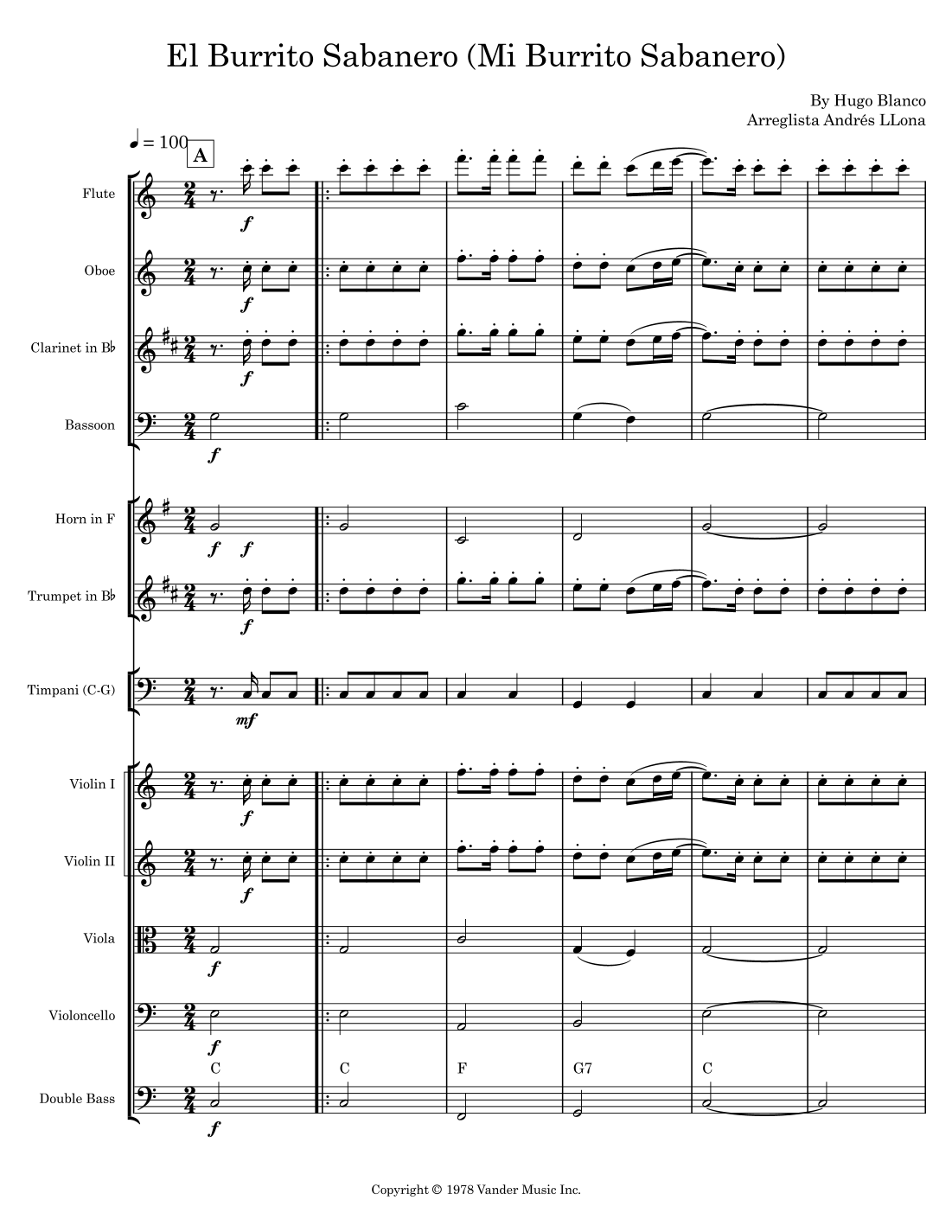 El Burrito Sabanero (Mi Burrito Sabanero) (arr. Andrés LLona) by Hugo Blanco Full Orchestra (管弦乐团总谱) - 预览