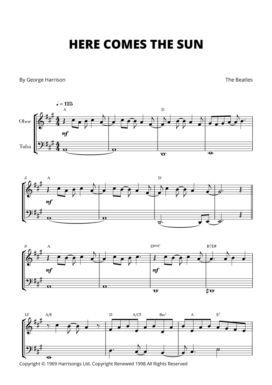 Here Comes The Sun (arr. Cadenza Editions) by The Beatles Sheet Music for Instrumental Duet at