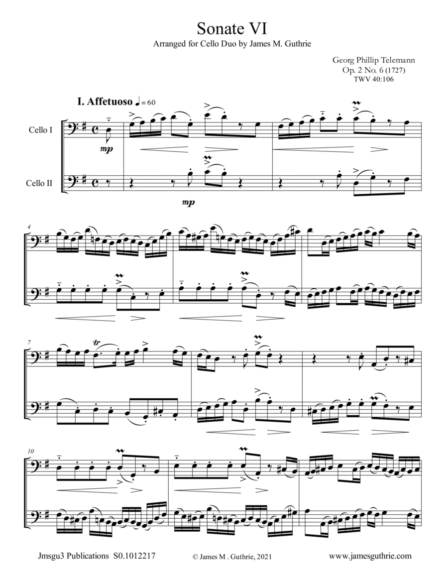 Telemann: Sonata Op. 2 No. 6 for Cello Duo (arr. James M. Guthrie) Partition Digitale