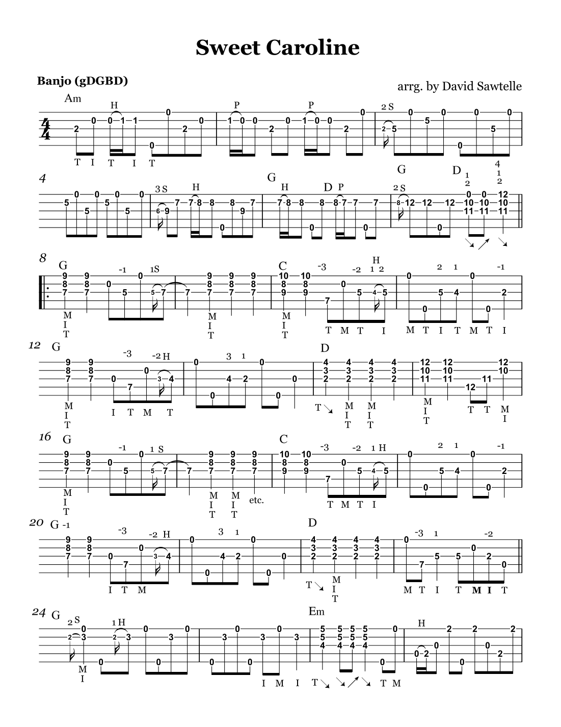 Interaktive Digitale Noten-Vorschau von 'Sweet Caroline (arr. David Sawtelle)' von Neil Diamond, Banjo Tabulatur page 1
