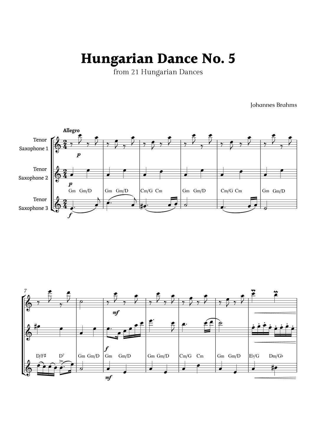 Hungarian Dance No. 5 by Brahms for Tenor Sax Trio (arr. Rika K.) Sheet