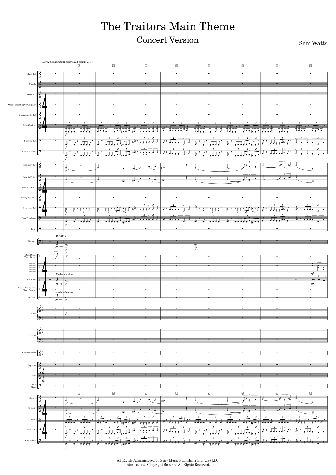 The Traitors Main Theme - Score Only (arr. Sam Watts) by (P/k/a Sam Watts) Full Orchestra (《叛徒》主题曲 - 仅总谱,Sam Watts 编曲,管弦乐团全编制) - 预览