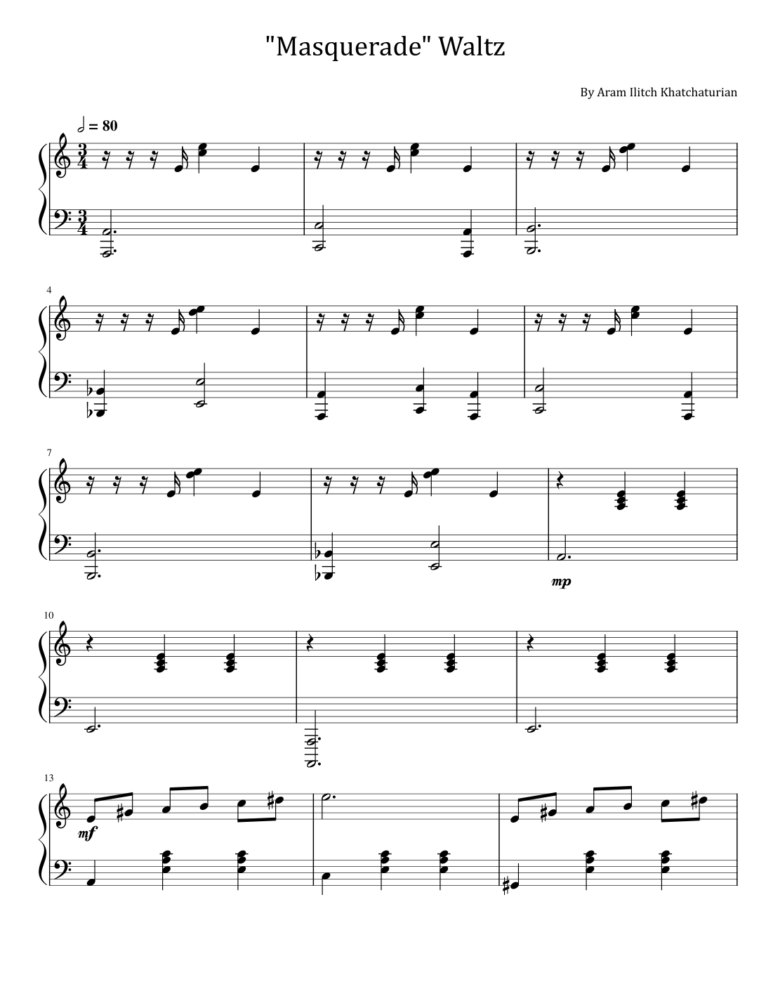 Khachaturian Masquerade Waltz For Piano Solo Sheet Music Aram