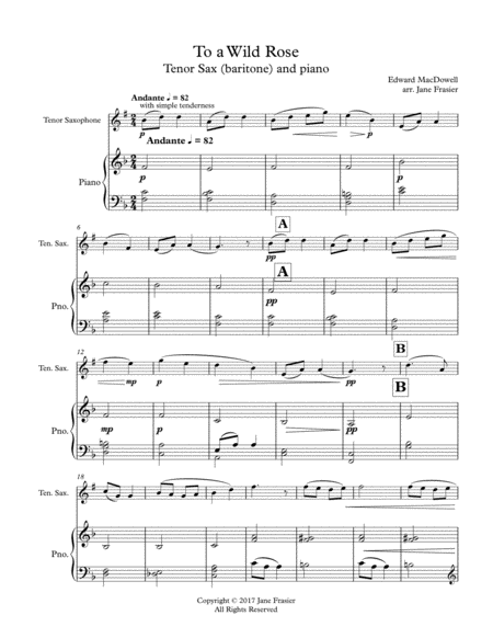 Aperçu interactif Partitions numériques> de 'To a Wild Rose (arr. Jane Frasier)' par Edward MacDowell, Sax ténor et piano page 1