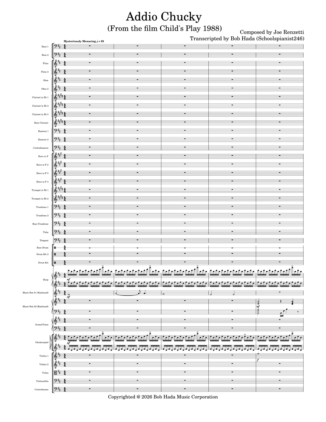 【乔·伦泽蒂《再见恰吉-片尾主题曲》管弦乐总谱】Goodbye Chucky - End Credits Theme by Joe Renzetti Full Orchestra PDF乐谱下载