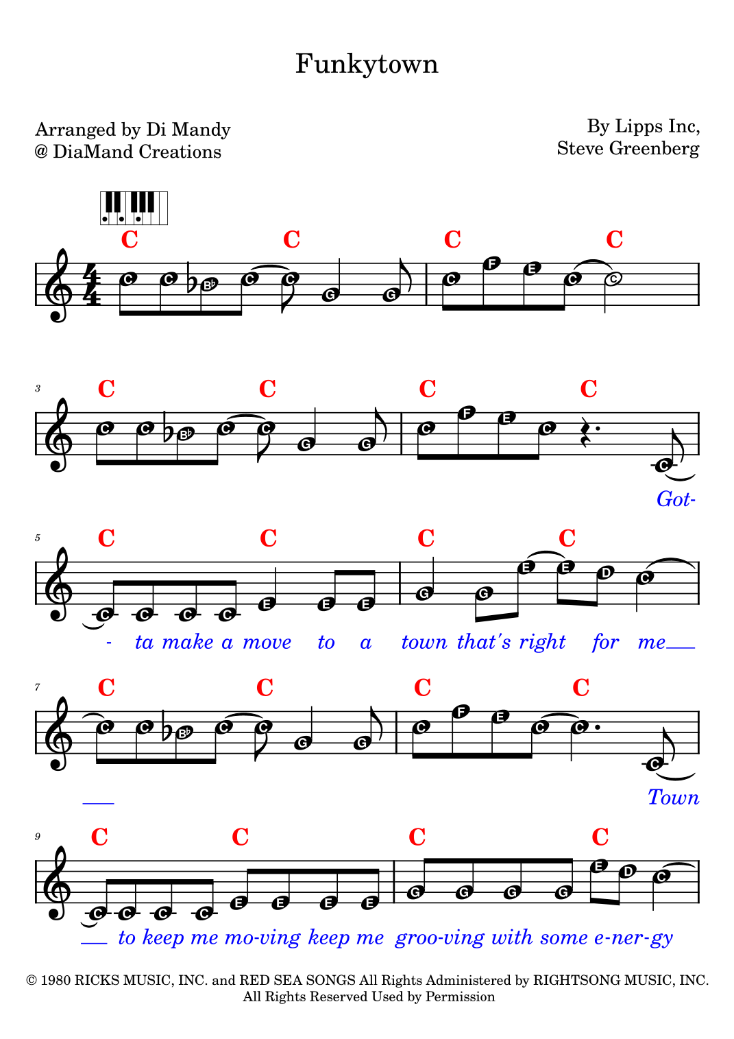 Funkytown (arr. Dianne Mandy) by Lipps Inc. Sheet Music for Lead Sheet ...