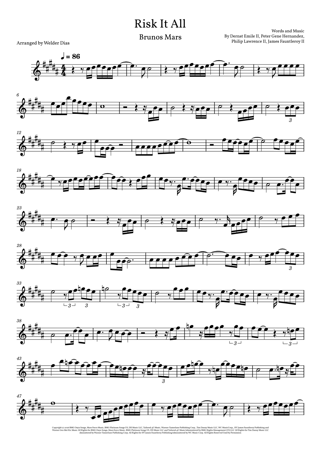 Risk It All (arr. Welder Dias) by Bruno Mars Sheet Music for Alto Sax ...