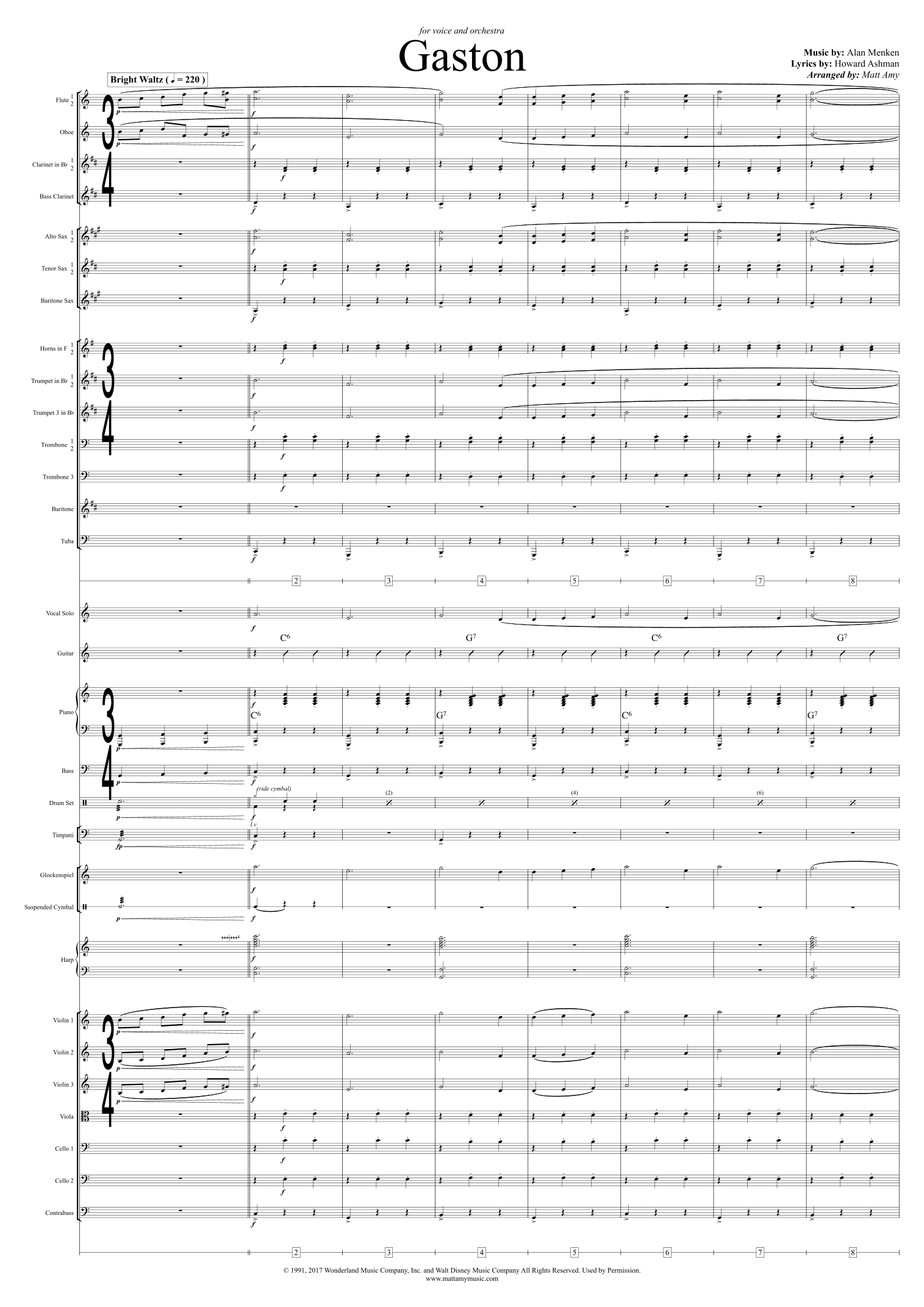 【霍华德·阿什曼《加斯顿》（马特·艾米改编）管弦乐总谱】Gaston (arr. Matt Amy) by Howard Ashman Full Orchestra PDF乐谱下载