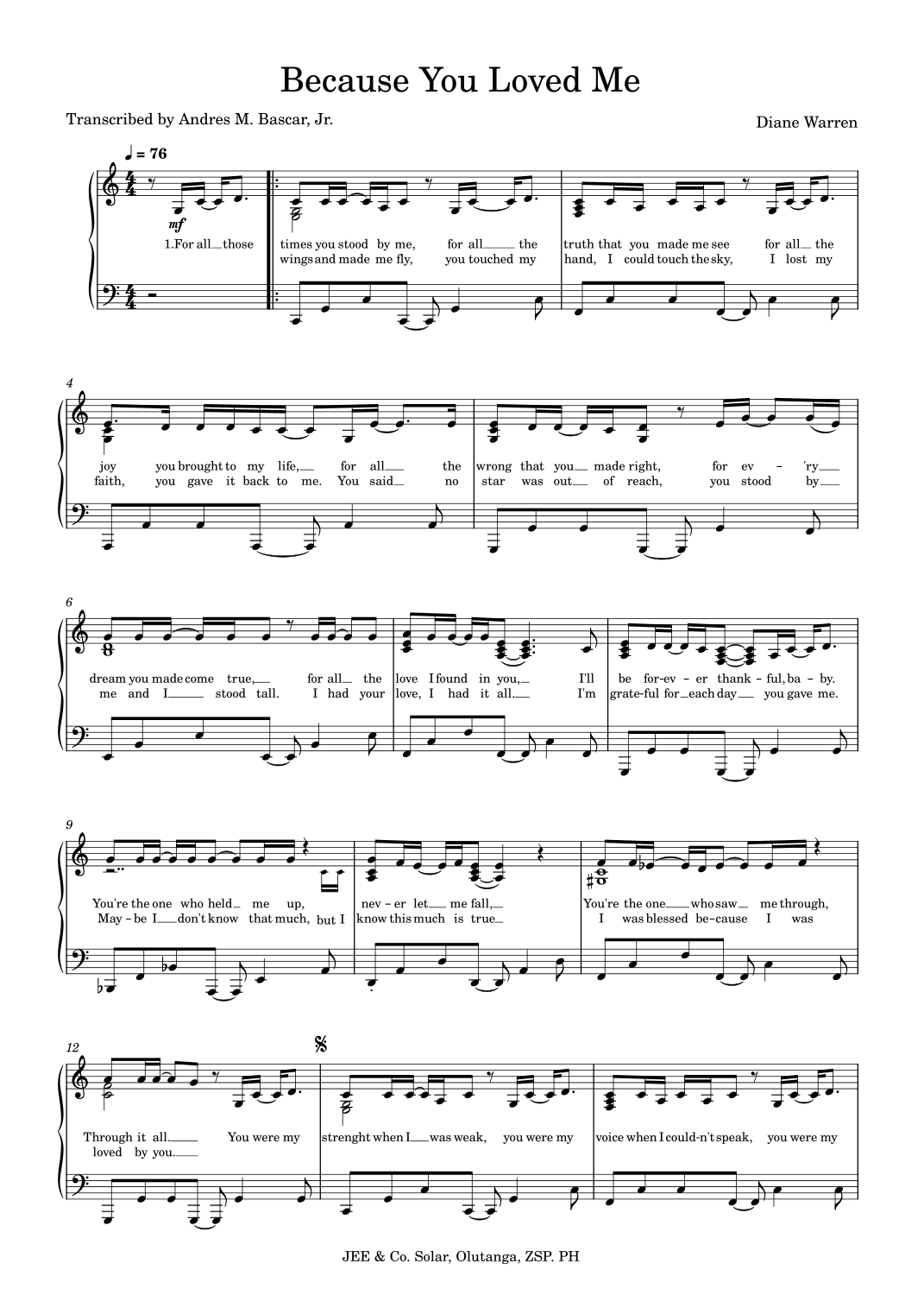 Because You Loved Me (arr. Andres M. Bascar, Jr.) by Celine Dion Sheet ...