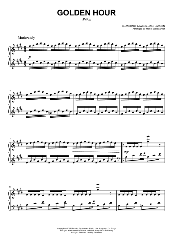 Golden Hour arr Mario Stallbaumer By Jvke Sheet Music For Piano Solo
