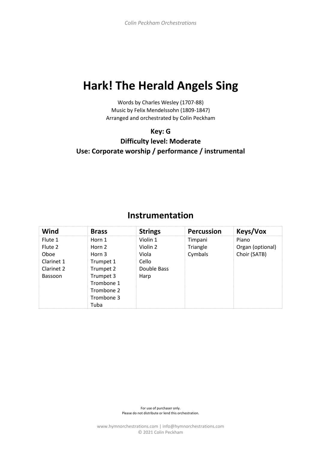 Hark! The Herald Angels Sing (arr. Colin Peckham) by Charles Wesley (1707-88) Full Orchestra