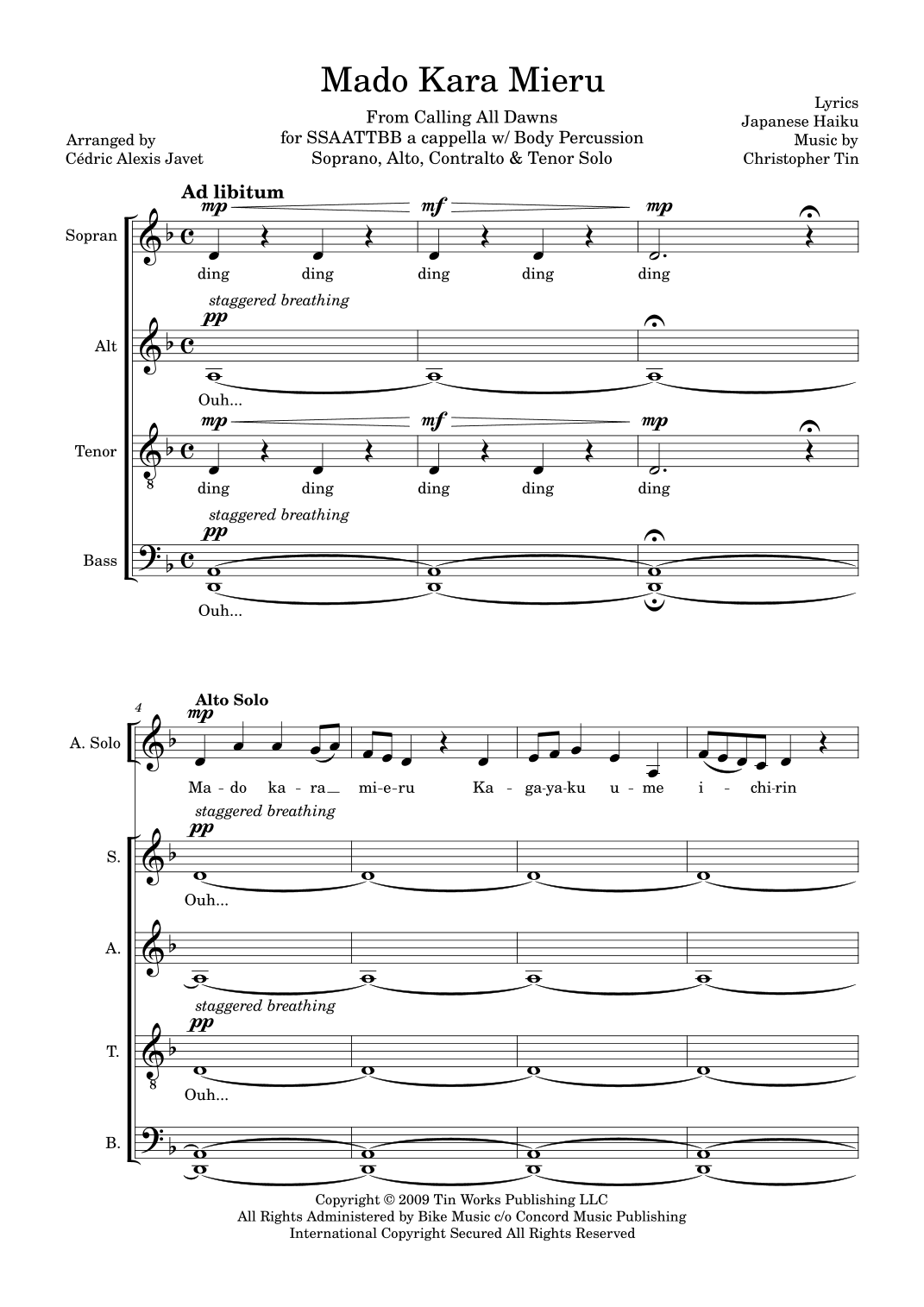 Interactive Digital Sheet Music preview of 'Mado Kara Mieru (arr. Cédric Alexis Javet)' by Christopher Tin, SATB divisi Choir page 1