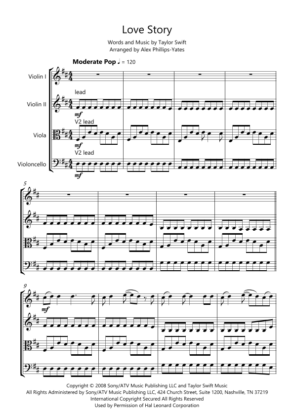 Interaktive Digitale Noten-Vorschau von 'Love Story (arr. Alex Phillips-Yates)' von Taylor Swift, Streichquartett page 1