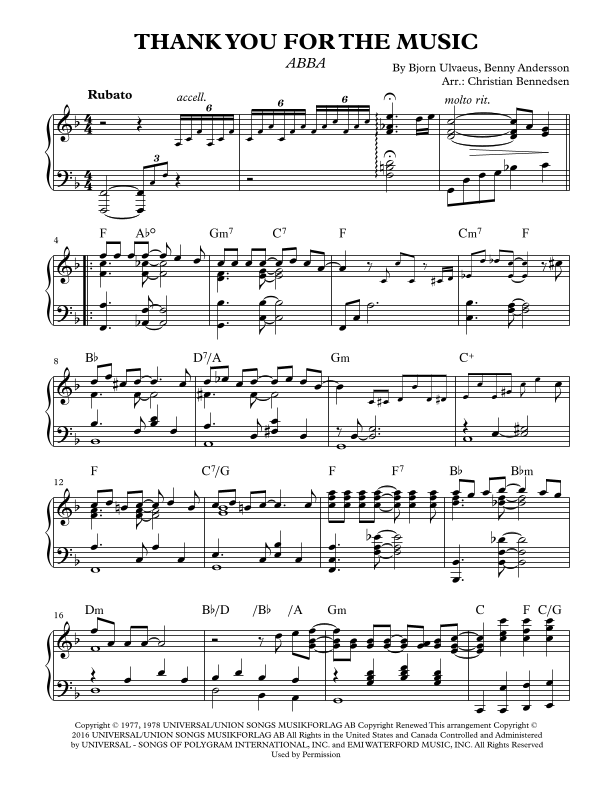 Thank You For The Music by ABBA Sheet Music for Piano Solo (arr