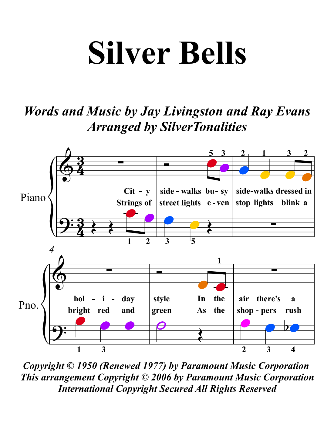 Silver Bells (arr. SilverTonalities) by John Denver Sheet Music for Easy Piano at Sheet Music Direct