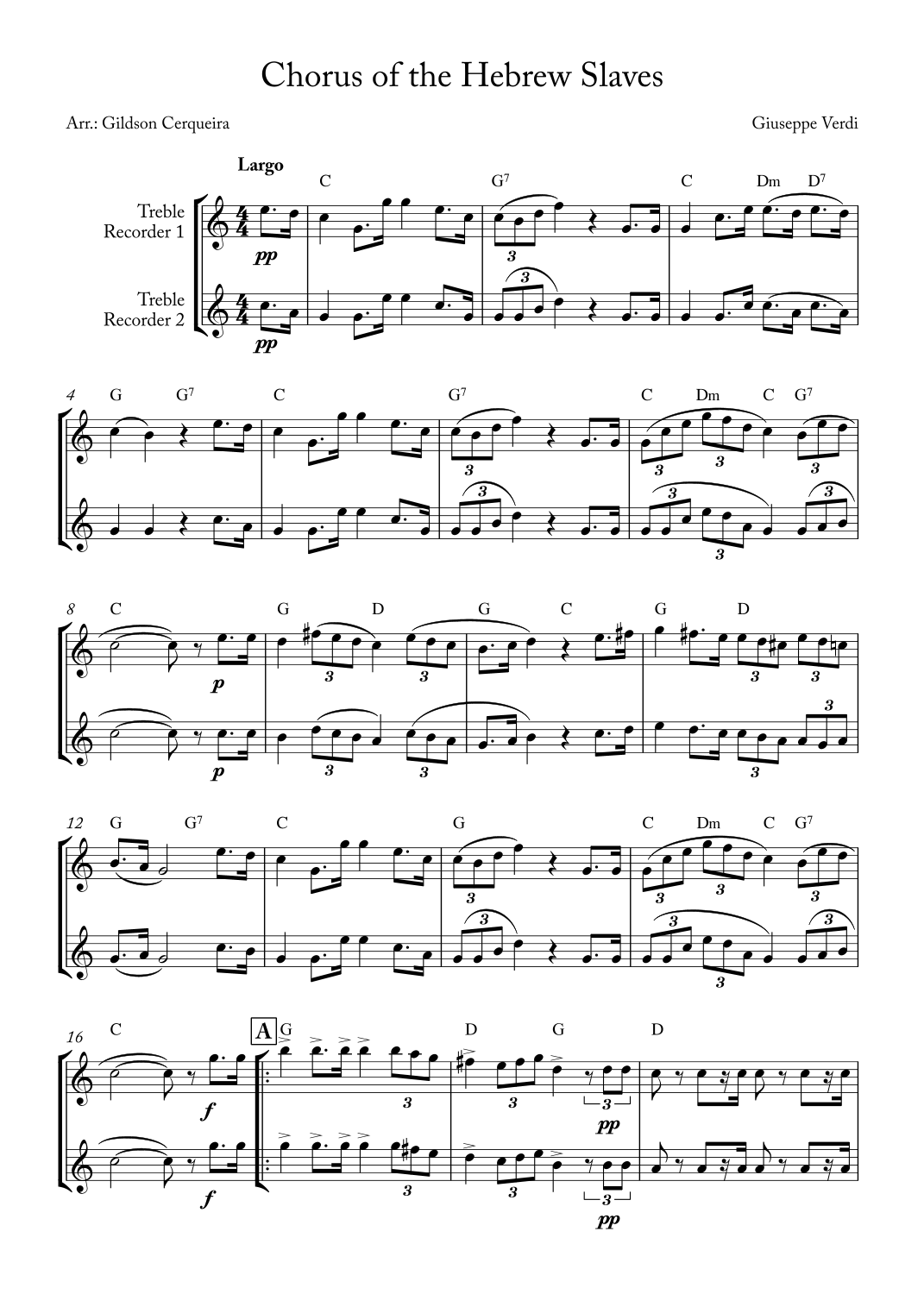 Chorus of the Hebrew Slaves by Giuseppe Verdi Sheet Music for Recorder Duet (arr. Gildson ...
