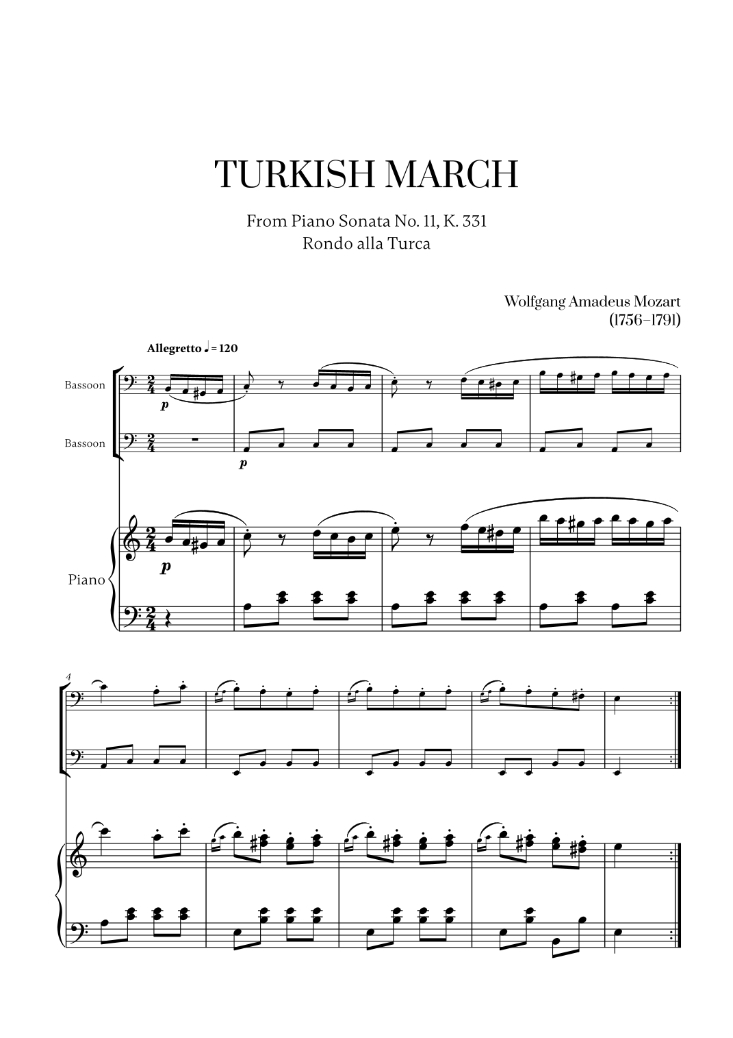 W. A. Mozart - Turkish March (Alla Turca) (for Bassoon Duet) (arr. Cadenza Editions) Partituras Digitales