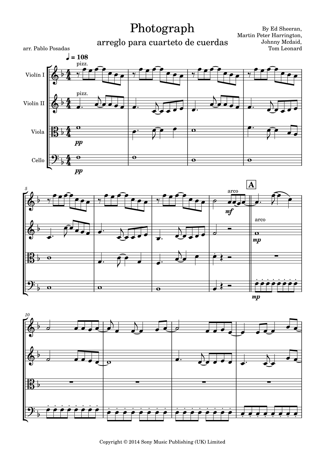 Photograph by Ed Sheeran Sheet Music for String Quartet (arr. Pablo ...