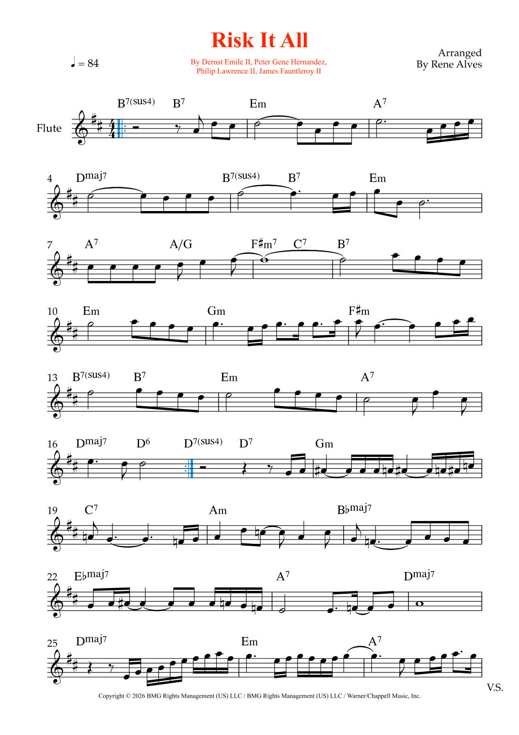 Risk It All by Bruno Mars Sheet Music for Flute Solo (arr. Rene Alves ...