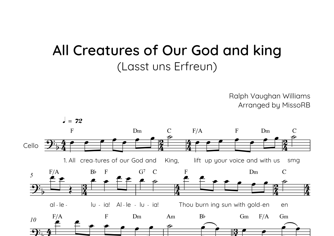 All Creatures of Our God an King (Lasst uns Erfreun) - Cello in F Solo ...