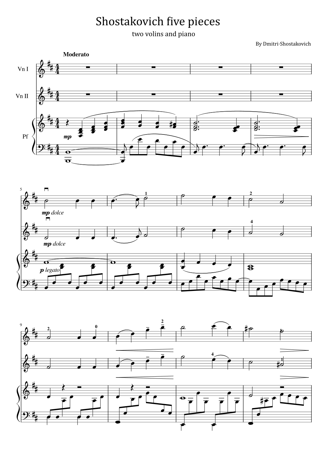 Shostakovich Five pieces for two volins and piano 5 pieces Sheet