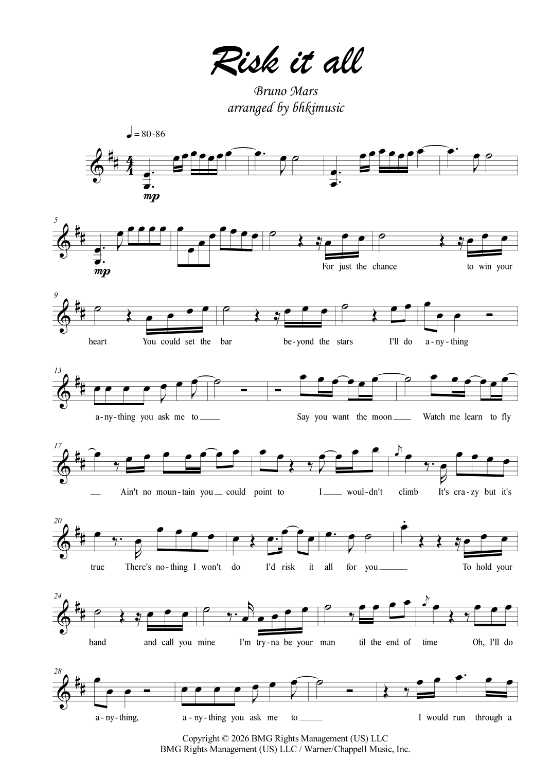 Risk It All (arr. bhkimusic) by Bruno Mars Sheet Music for Violin Solo ...