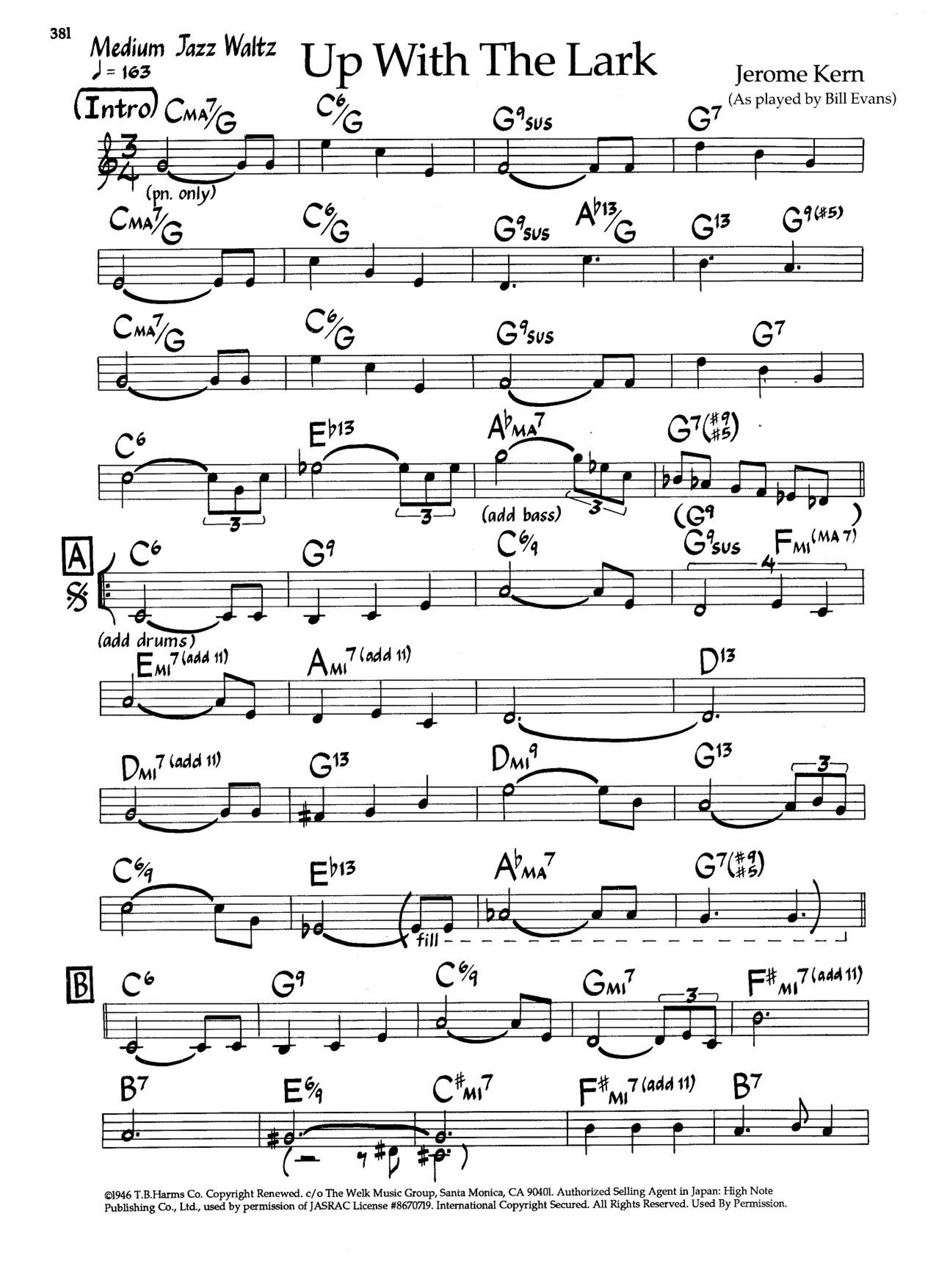 Up With The Lark - Lead Sheet (arr. Jerome Kern) by Jerome Kern Sheet ...