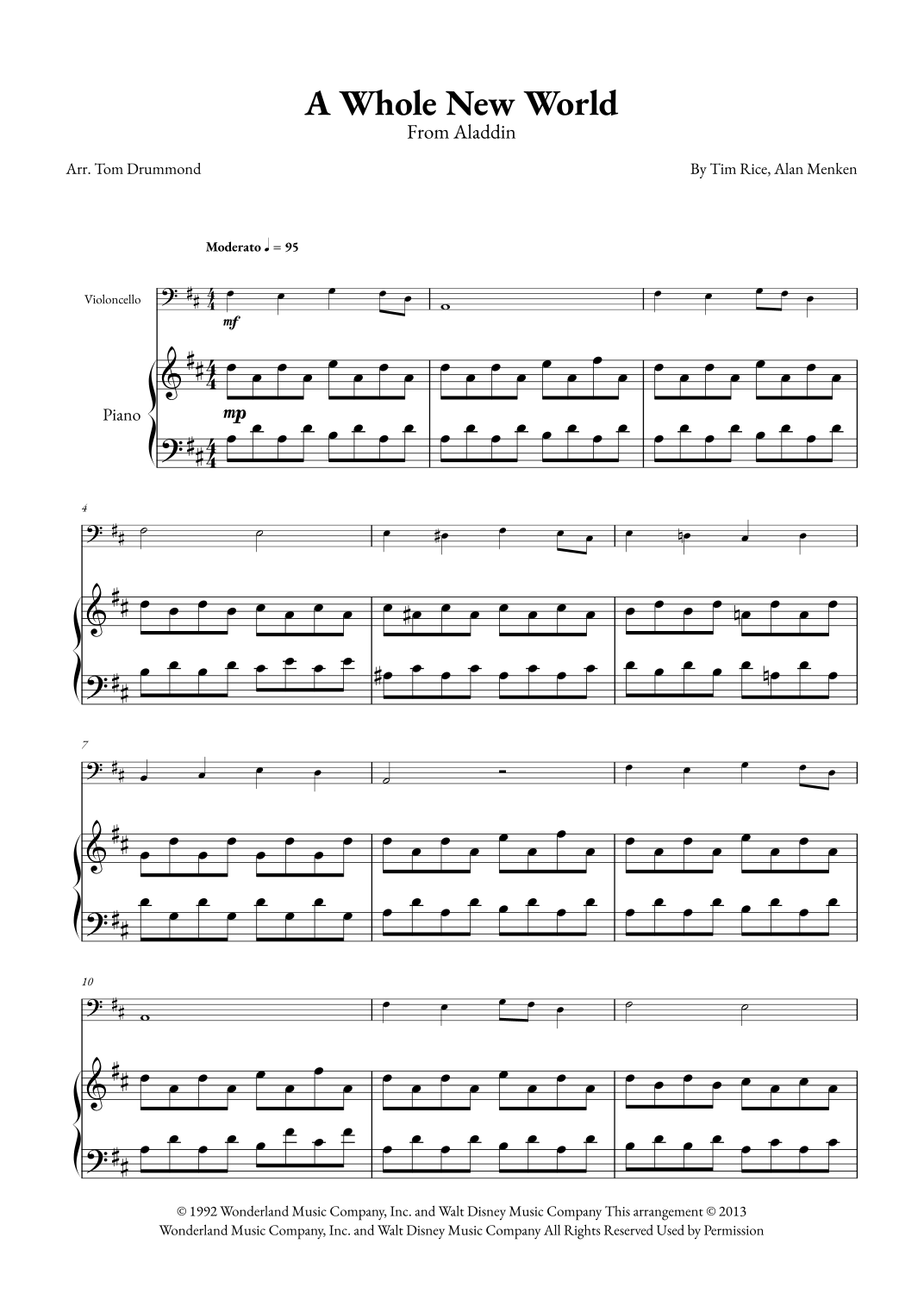 A Whole New World (arr. Tom Drummond) Sheet Music Tim Rice Cello