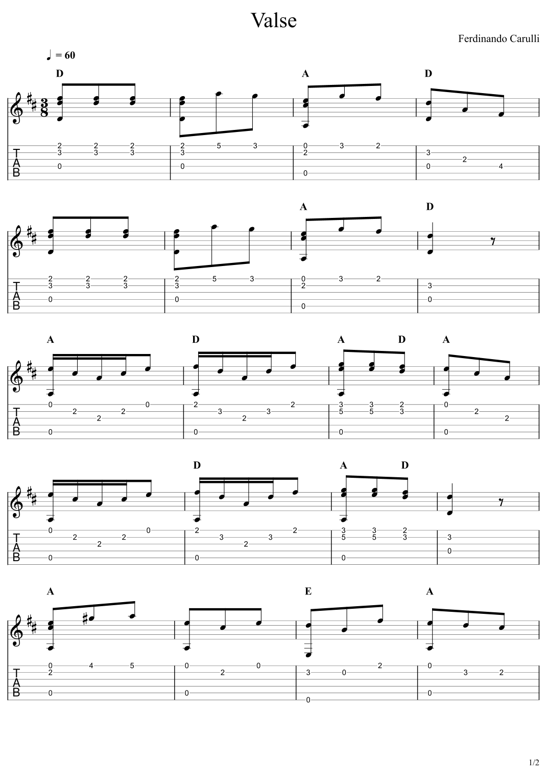 Valse - Carulli by Ferdinando Carulli Sheet Music for Guitar Tab (arr ...