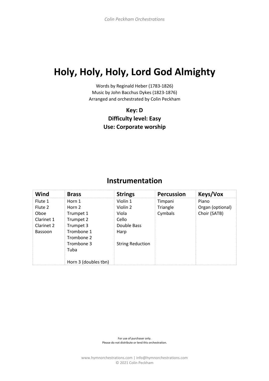 Holy, Holy, Holy, Lord God Almighty (arr. Colin Peckham) by John Bacchus Dykes Full Orchestra