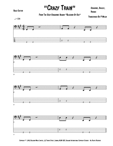 Crazy Train arr Accubass By Ozzy Osbourne Sheet Music For Bass 