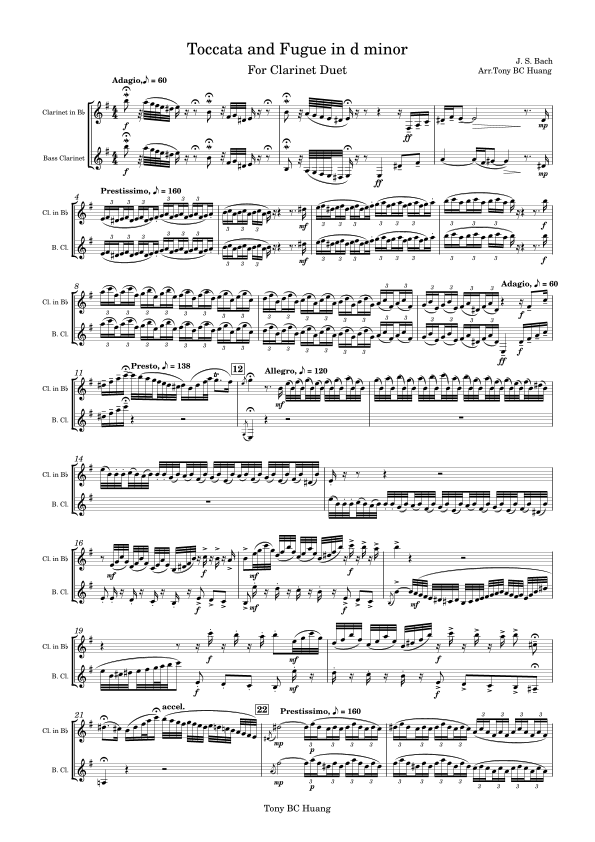 Toccata And Fugue In D Minor BWV 565 arr Tony BC Huang By J S 