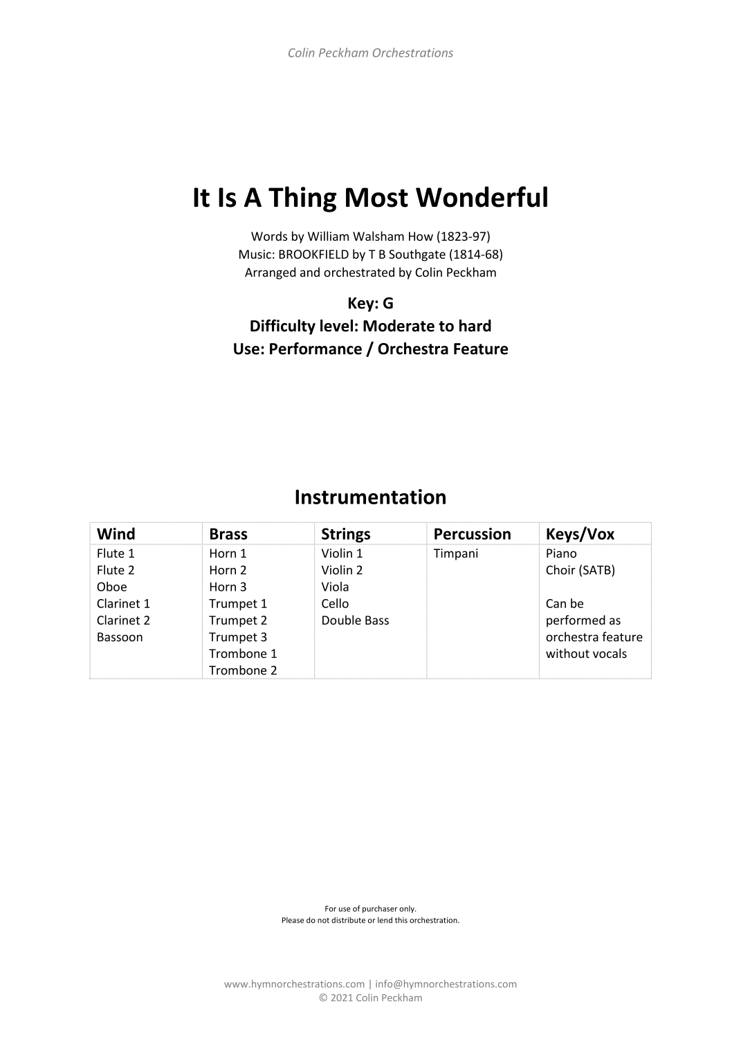 It Is A Thing Most Wonderful (Brookfield) (arr. Colin Peckham) by William Walsham How (1823-97) 管弦乐团 - 预览