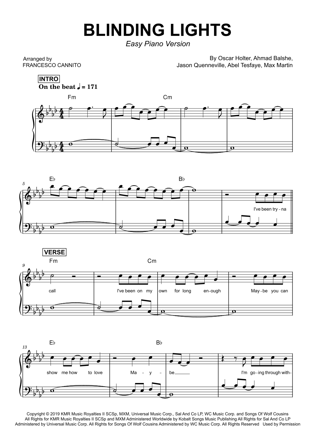 Blinding Lights (arr. Francesco Cannito) by The Weeknd Sheet Music for ...