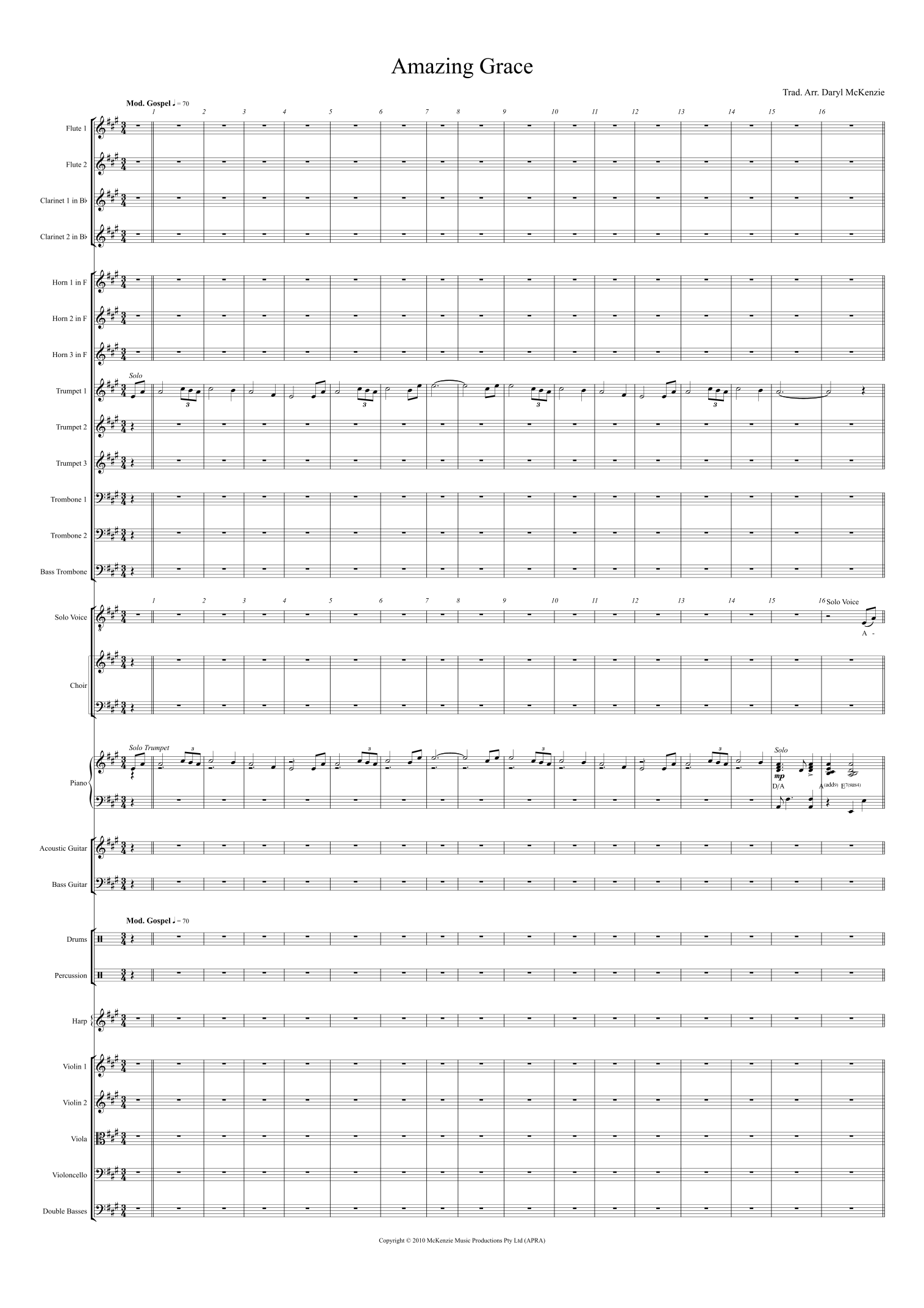 Amazing Grace Male vocal with Pops Orchestra and Choir (arr. Daryl McKenzie) by John Newton Full Orchestra