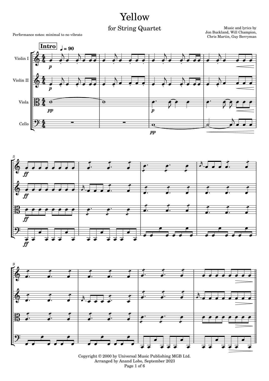 Yellow (arr. Anand Lobo) by Coldplay Sheet Music for String Quartet at ...