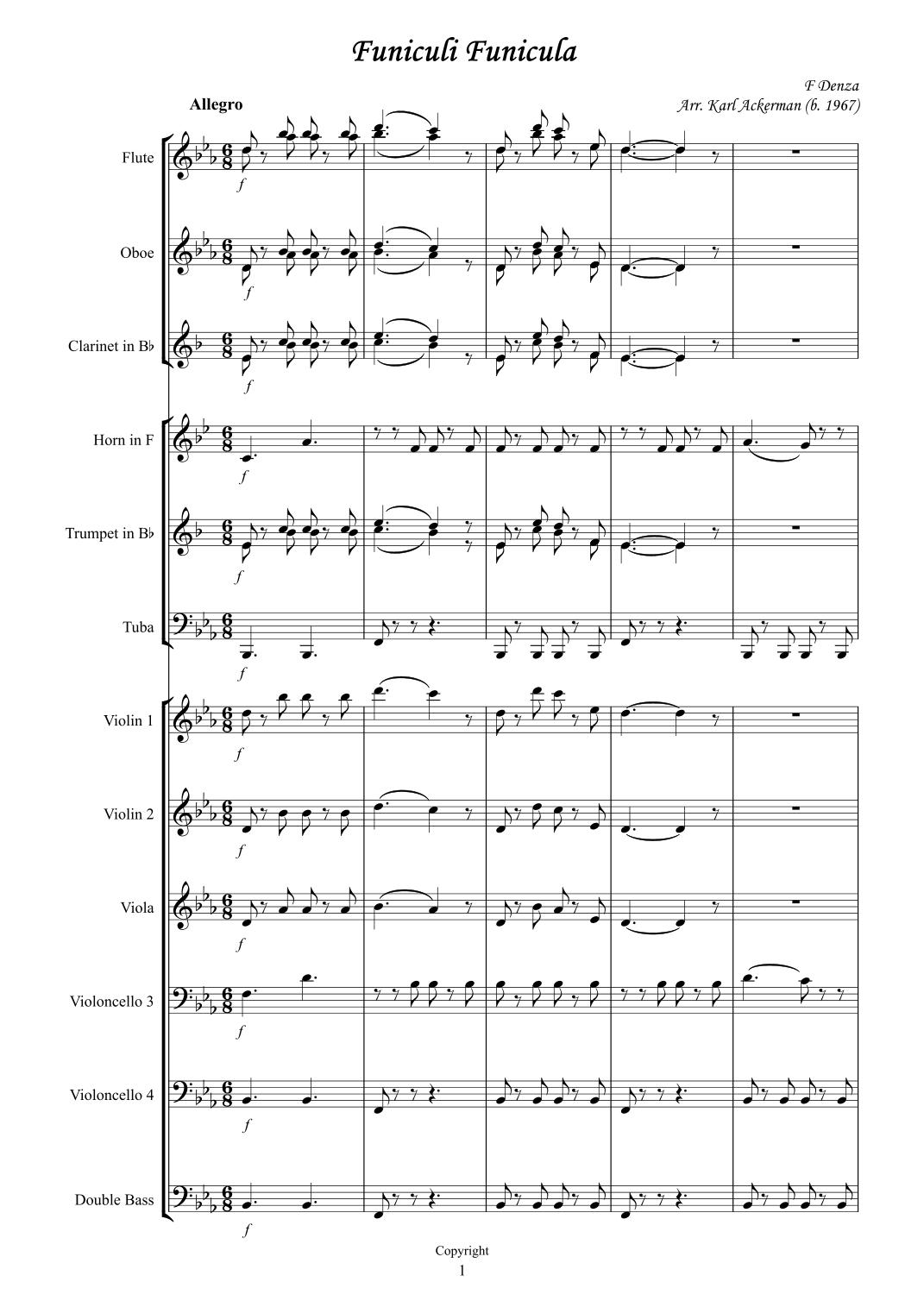 【卡尔·阿克曼《缆车》管弦乐谱】Funicili Funicula (arr. Karl Ackerman) by Karl Ackerman Full Orchestra PDF乐谱下载