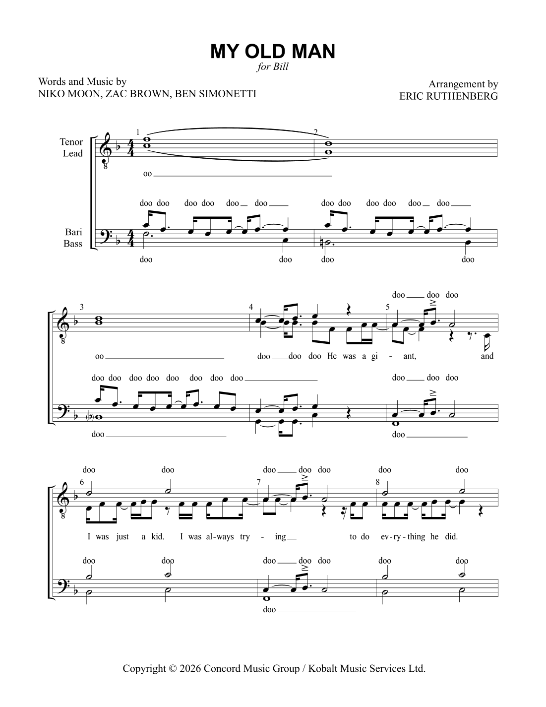 My Old Man by Niko Moon Sheet Music for TTBB Choir (arr. Eric ...