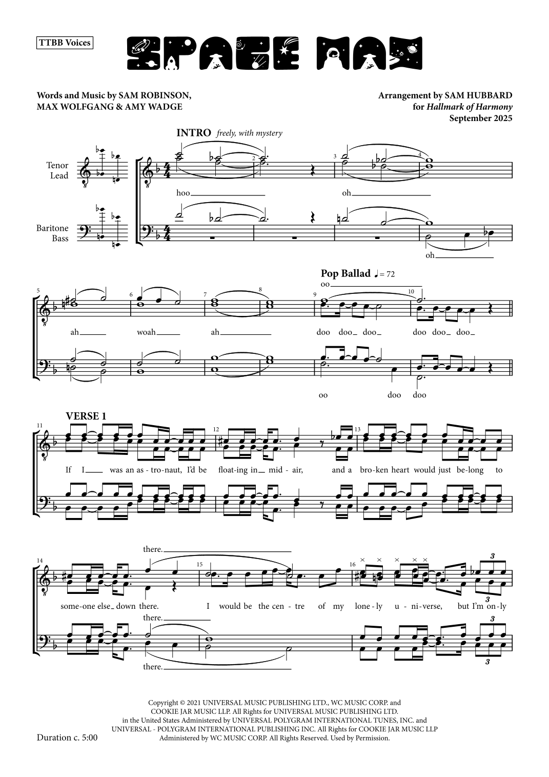 Spaceman Fitz Notes Space Man (arr. Sam Hubbard) by Sam Ryder Sheet Music for TTBB Choir at ...