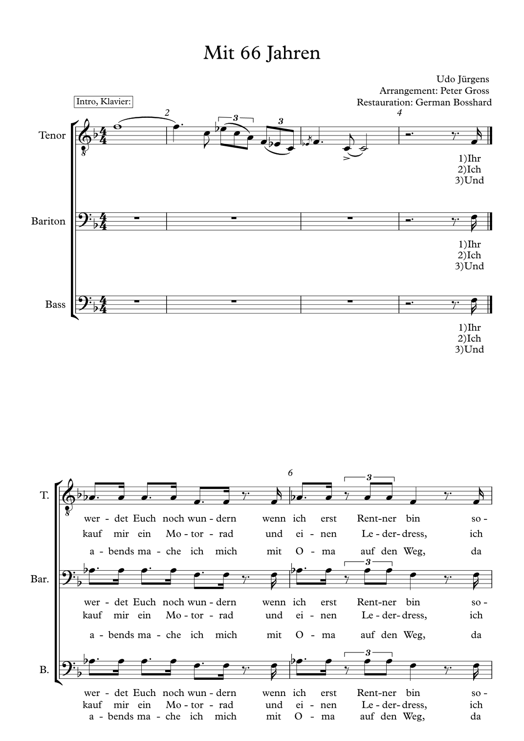 Mit 66 Jahren (arr. German Bosshard) by Udo Jürgens Sheet Music for TBB ...