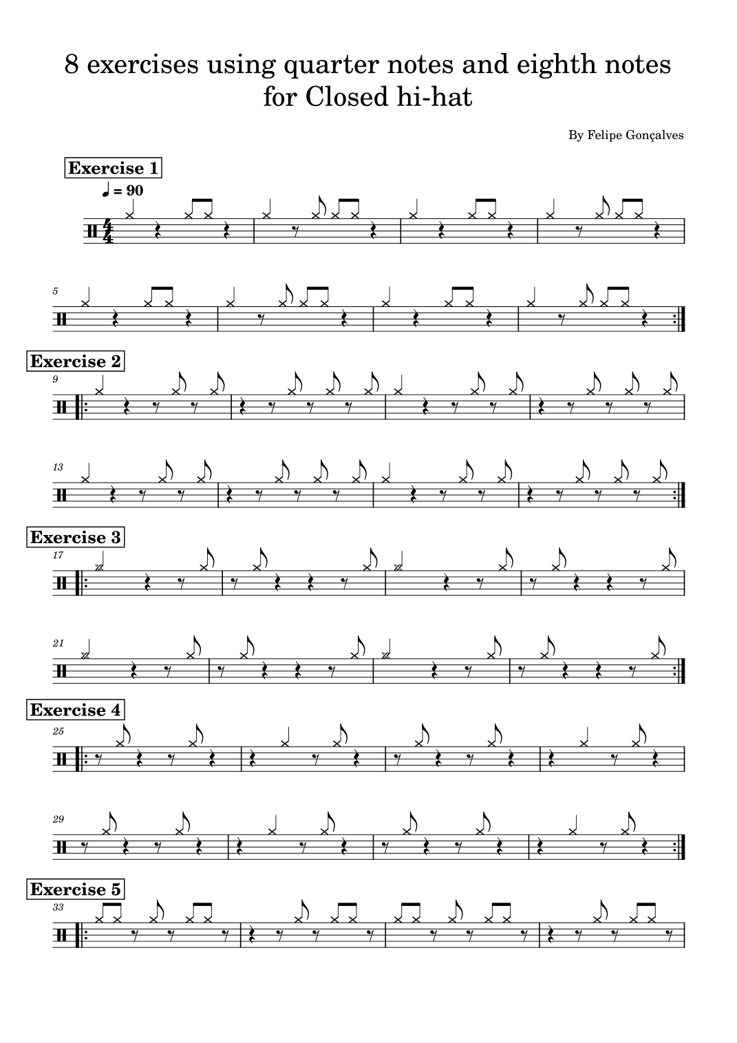 8 exercises using quarter notes and eighth notes for Closed hi-hat por ...