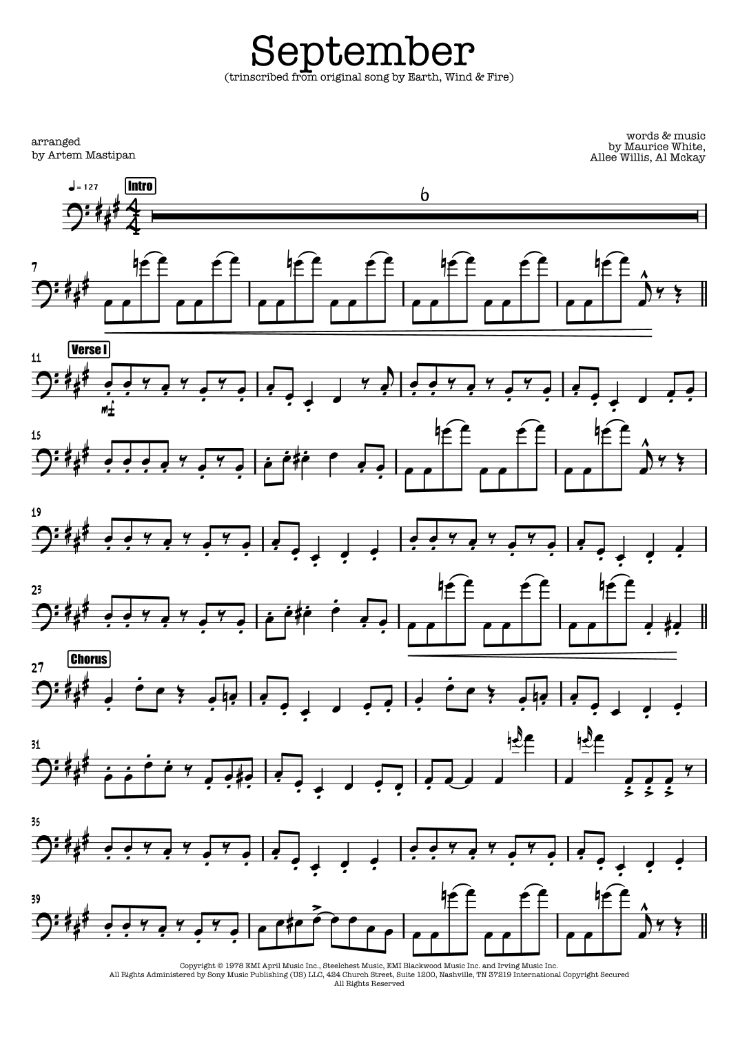 September (arr. Artem Mastipan) by Earth, Wind & Fire Sheet Music for ...