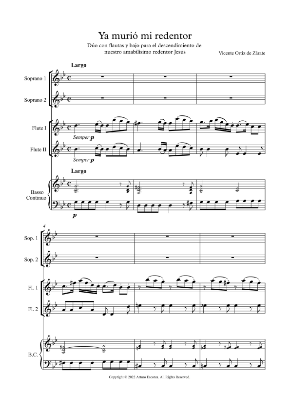 Ya murio mi redentor Duet with two flutes and continuo Mexican