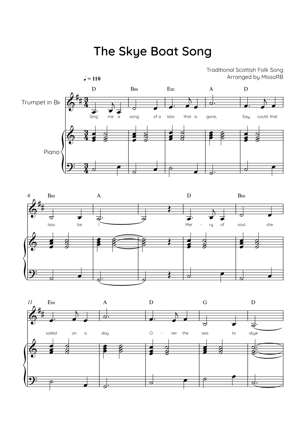 The Skye Boat Song - Trumpet & Piano in C With Chords & Lyric - Easy ...