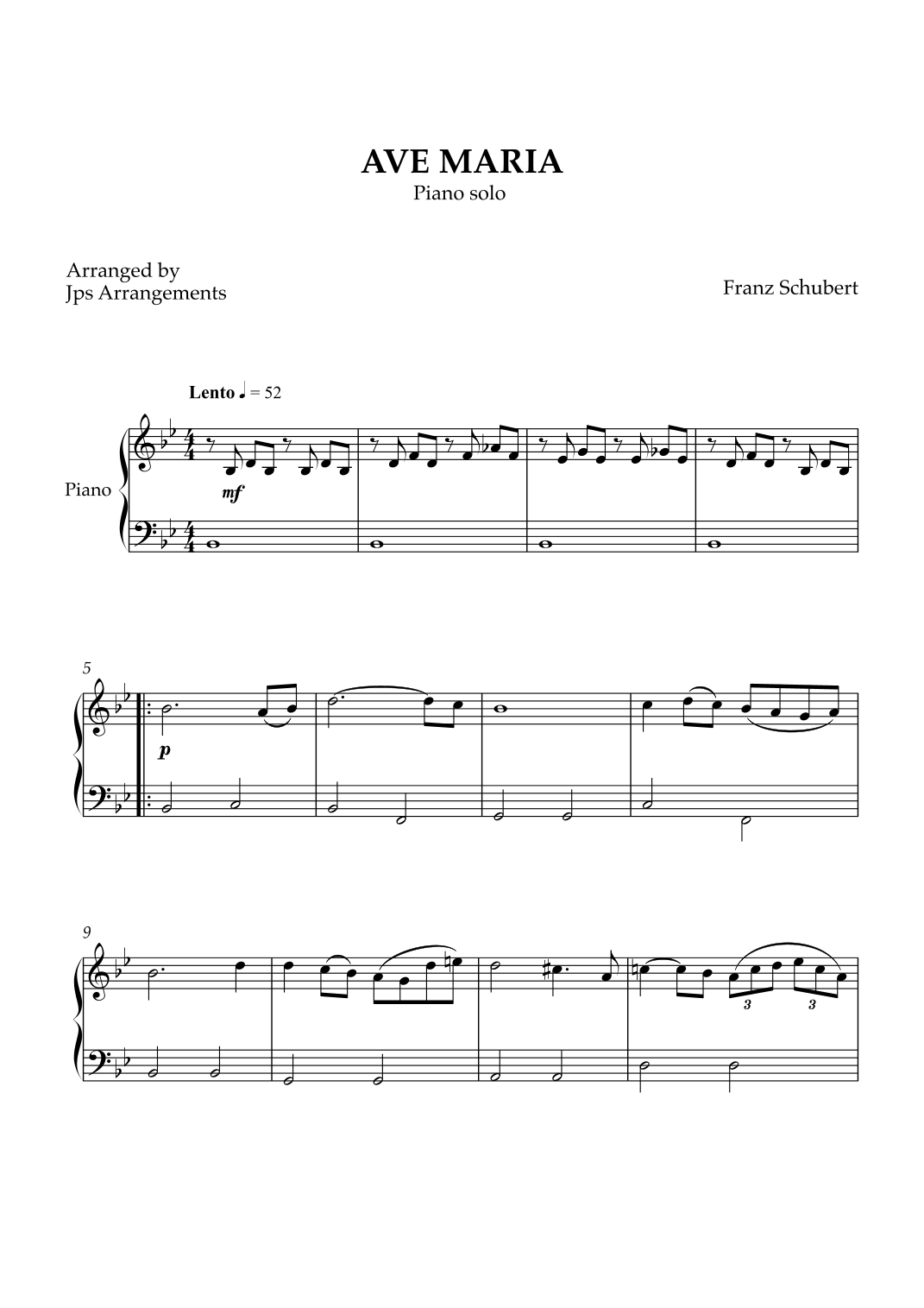 Ave Maria (Schubert) - Easy Piano in Bb Major by Franz Schubert Sheet ...