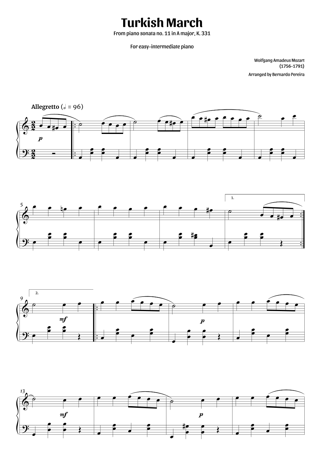 Turkish March easy intermediate Piano Clean Sheet Music arr 