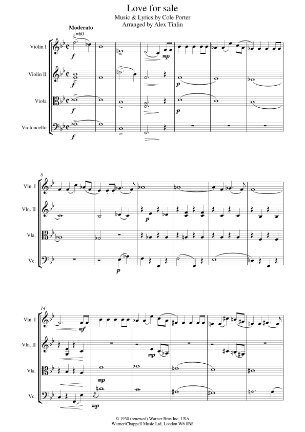 Love for sale Sheet Music Alex Tinlin String Quartet